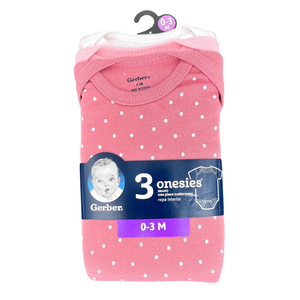 Gerber Onesies Bodysuit Baby Girl 0-3M Pink White 3 Pack Polka Dot Short Sleeve